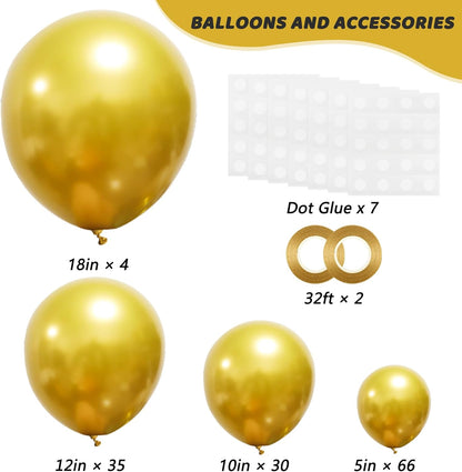 RUBFAC Gold Balloons - 135pcs Latex Metallic Set in 5-18 Inch Sizes for Birthday & Wedding Decor