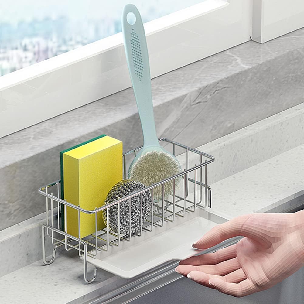 Skiennix Kitchen Countertop Sponge Holder - SUS 304 Stainless Steel Dish Soap Organizer | Caddy for Cleaning Tools