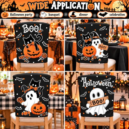Halloween Chair Back Covers 4-Pack Black Cat Ghost Pumpkin Decor