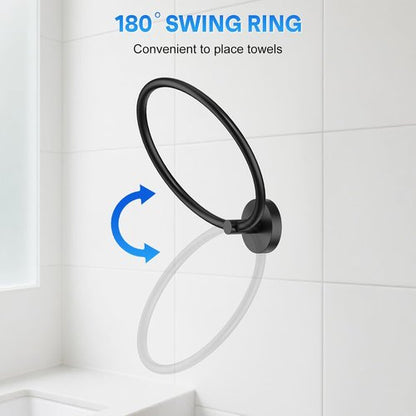 Matte Black Hand Towel Holder - Stainless Steel Round Towel Ring for Bathroom Wall