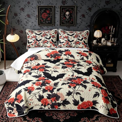 Black Red Gothic Bat Quilt Set King Size Bedspread Coverlet All Season Bedding