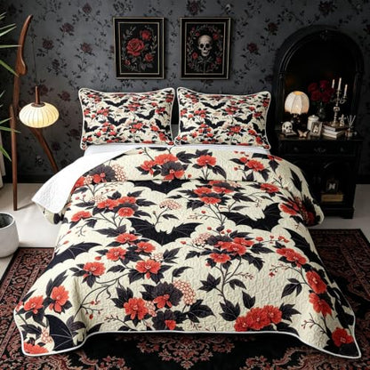 Black Red Gothic Bat Quilt Set King Size Bedspread Coverlet All Season Bedding