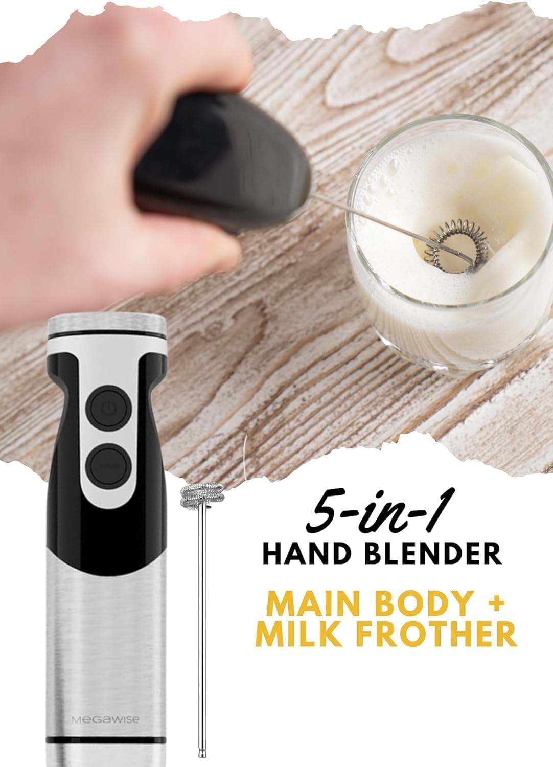 MegaWise Pro Immersion Hand Blender - 5-in-1 with Powerful Motor & 12 Speeds | Black Finish