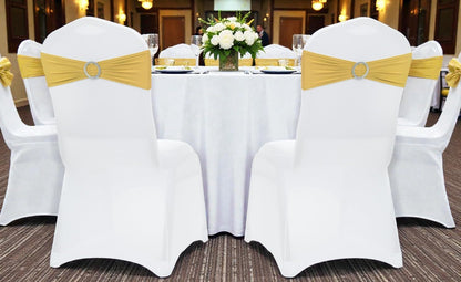 MDS Spandex Chair Sashes Bows - Universal Elastic Stretch Ties with Buckle Slider | Gold, Pack of 200