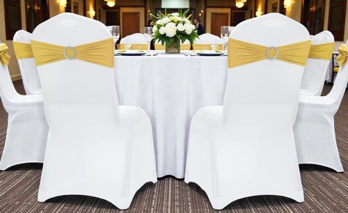 MDS Spandex Chair Sashes - Pack of 150 Elastic Stretch Bows with Buckle Slider for Wedding Decor - Gold