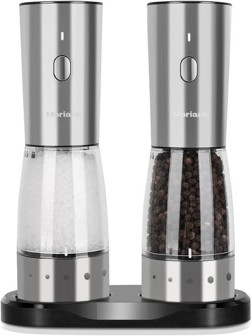 Electric Salt and Pepper Grinder Set, Large Capacity 5.3oz Salt and Pepper Grinder Set with Adjustable Coarseness, Rechargeable Stainless Steel Electric Pepper Grinder with Elegant Storage Base