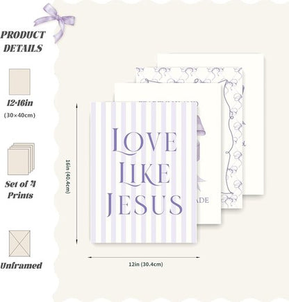 LARTSFRO Coquette Purple Bow Wall Art Decor - Inspirational Christian Posters for Teen Girls | 12x16 Inch Set of 4 Unframed