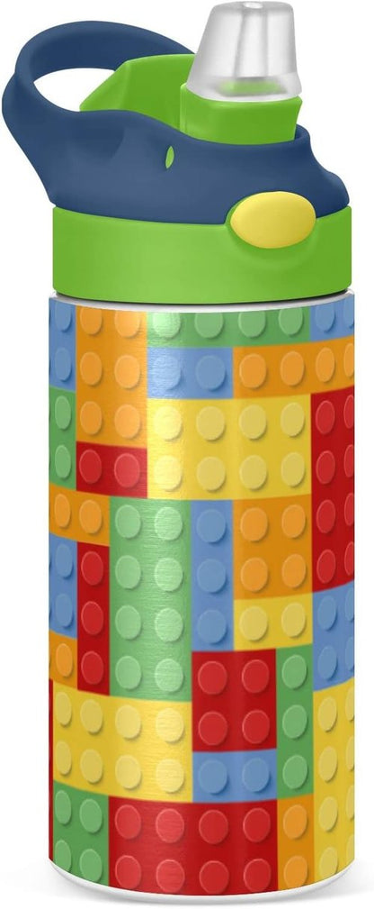 Kigai Insulated Water Bottle for Kids - 12oz Building Blocks Design with Straw Lid & Stainless Steel