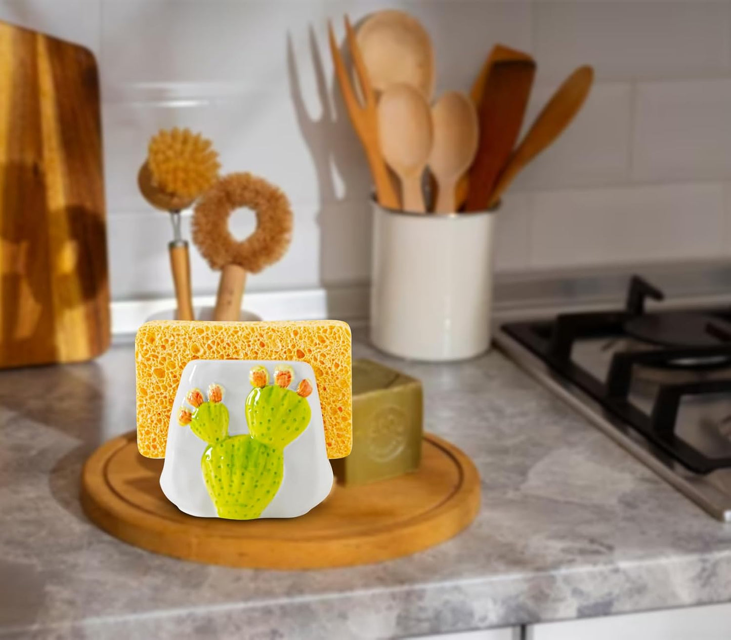 Skiennix Cactus Sponge Holder - Elegant White Ceramic Sink Caddy for Organized Kitchen
