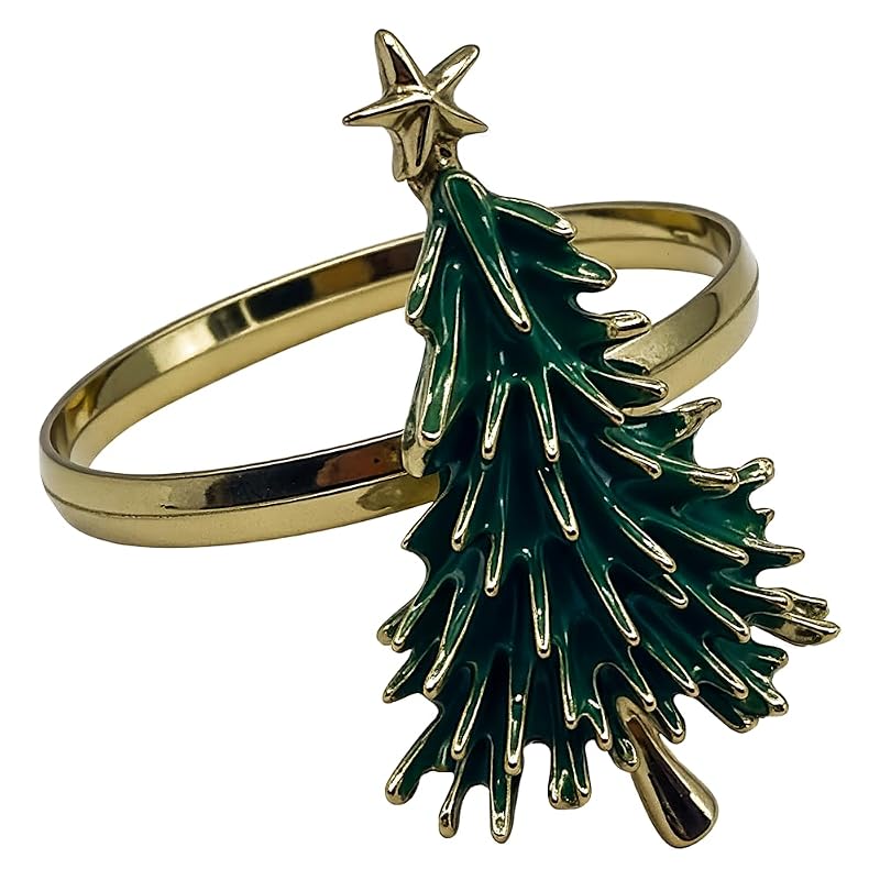 Christmas Tree Napkin Rings Set of 4 - Gold Alloy with Green Enamel & Star Topper (Variation: Christmas Tree + Christmas Tree)