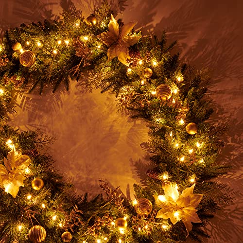 9Ft Artificial Christmas Garland Prelit with Gold Berries & Balls - Plug In, Gold / Holiday Decor