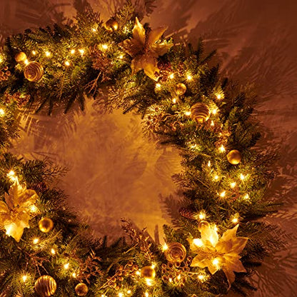 9Ft Artificial Christmas Garland Prelit with Gold Berries & Balls - Plug In, Gold / Holiday Decor