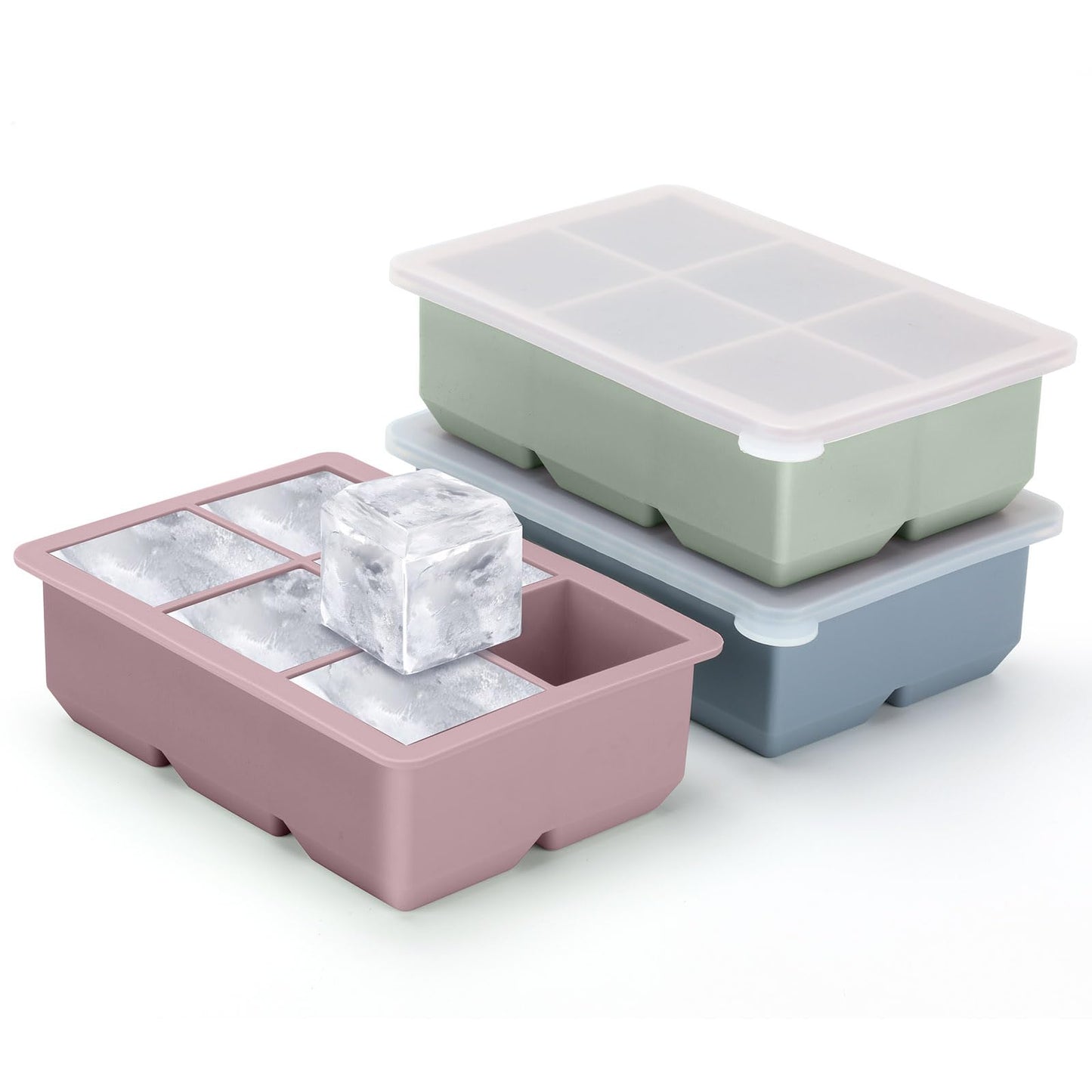 Excnorm Silicone Ice Cube Trays 3 Pack - Large Size Silicone Ice Cube Molds with Leak Proof Removable Lid Square Ice Cube Tray And BPA Free for Cocktail,Whiskey, Stackable Flexible Ice