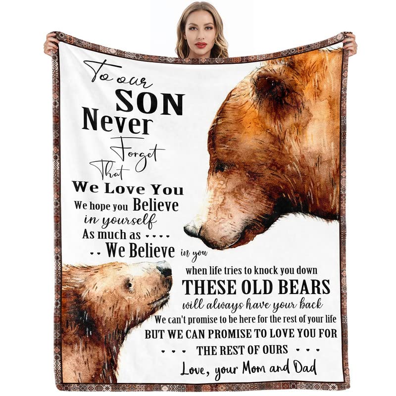 Gifts for Son from Mom and Dad Fathers Day Birthday Gifts to My Son Blanket Boys Christmas Valentines Day Gifts for Him Love Son Letters Printed Soft Flannel Fleece Blanket for Bed Couch 60" x 50"