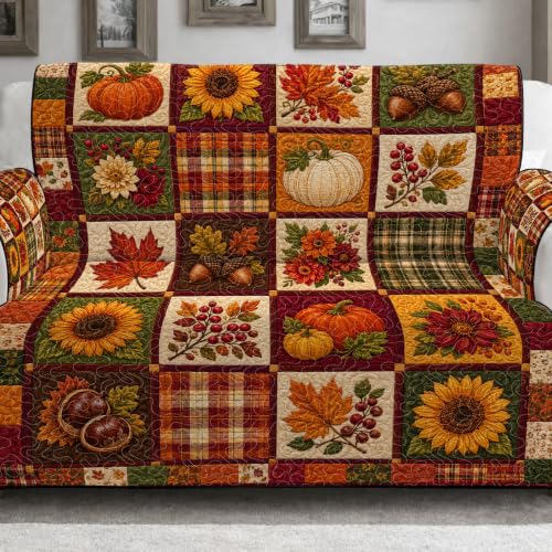 Personalized Autumn Paw Patchwork Sofa Cover with Pumpkin Gnome Design - A03