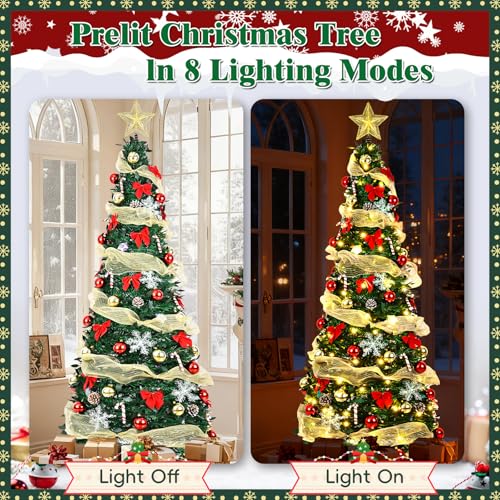 Pre-Lit 6FT Artificial Christmas Tree with Ornaments & Remote Control