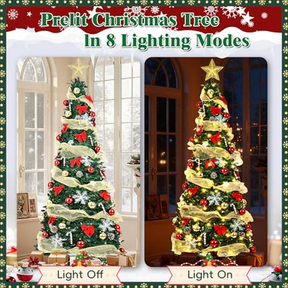 Pre-Lit 6FT Artificial Christmas Tree with Ornaments & Remote Control