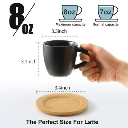 Hasense 8 oz Cappuccino Cups with Saucers set of 6, Porcelain Coffee Mugs Latte Mugs with Handle Perfect for Double Shot, Americano, Milk and Tea, Black