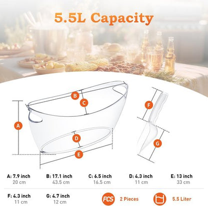 Ice Bucket for Parties, 2PCS Clear Acrylic Drink Buckets with Scoop & Metal Wine Bottle Opener, 5.5L Large Champagne Bucket Tub for Wine, Beer, Cocktail Bar & Mimosa Bar Supplies Cooler
