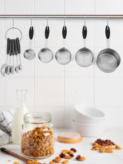 Joyhill Stainless Steel Measuring Cups Set - 10-Piece Nesting Design with Soft Touch Silicone Handles | Black