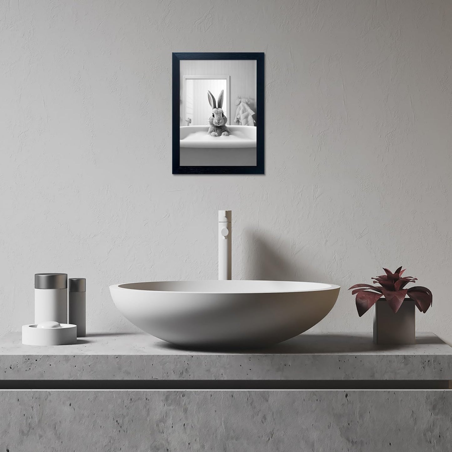 Skiennix Kids Bathroom Decor - Cute Black and White Animal Canvas Wall Art | Funny Rabbit in Bathtub