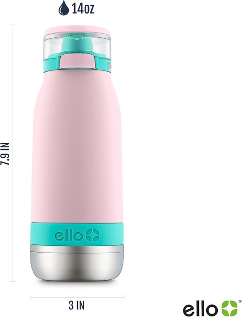 Ello Emma 14oz Kids Water Bottle - Vacuum Insulated, Leak-Proof, Straw & Carrying Handle | Perfect for School & Outdoor Activities