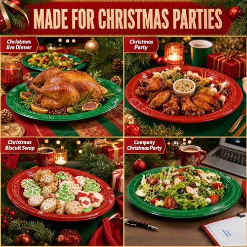WELLIFE Red & Green Oval Plastic Plates 100 Pack - 12 Inch Disposable Christmas Dinnerware
