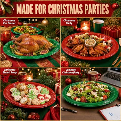 WELLIFE Red & Green Oval Plastic Plates 100 Pack - 12 Inch Disposable Christmas Dinnerware