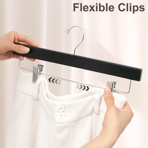 BAGAIL 20-Pack Wooden Pants Hangers - Adjustable Clips & 360° Swivel Hook | Space-Saving Skirt Holders (Black)
