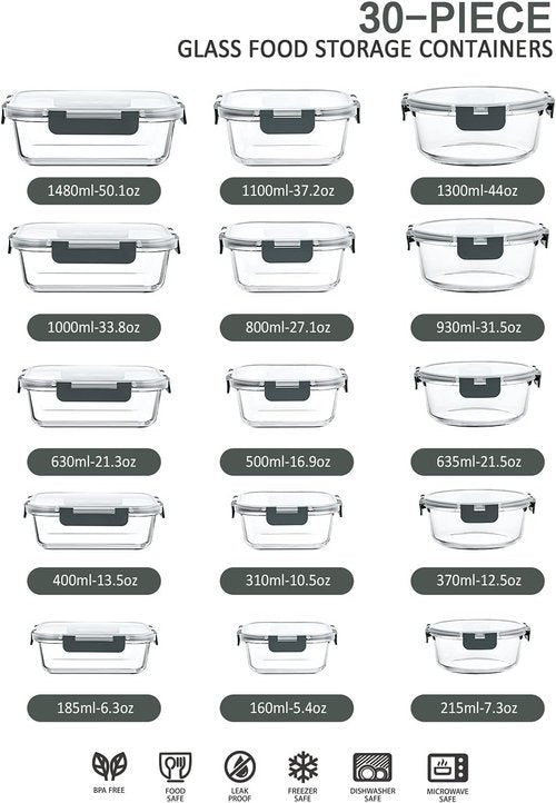 MCIRCO Glass Baking Dish Set - 8 Pcs with Lids | 30 Pcs Glass Food Storage Containers - Oven & Microwave Safe