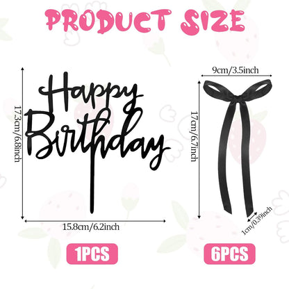 Skiennix 7 Pcs Black Bow Cake Toppers - Elegant Happy Birthday & Wedding Decorations