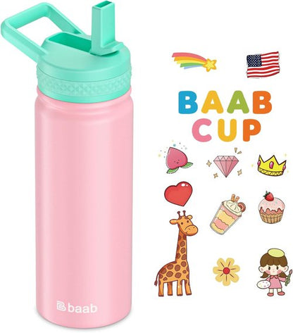 Baab 18oz Insulated Kids Water Bottle - Leakproof Stainless Steel with Straw & Stickers | Pink