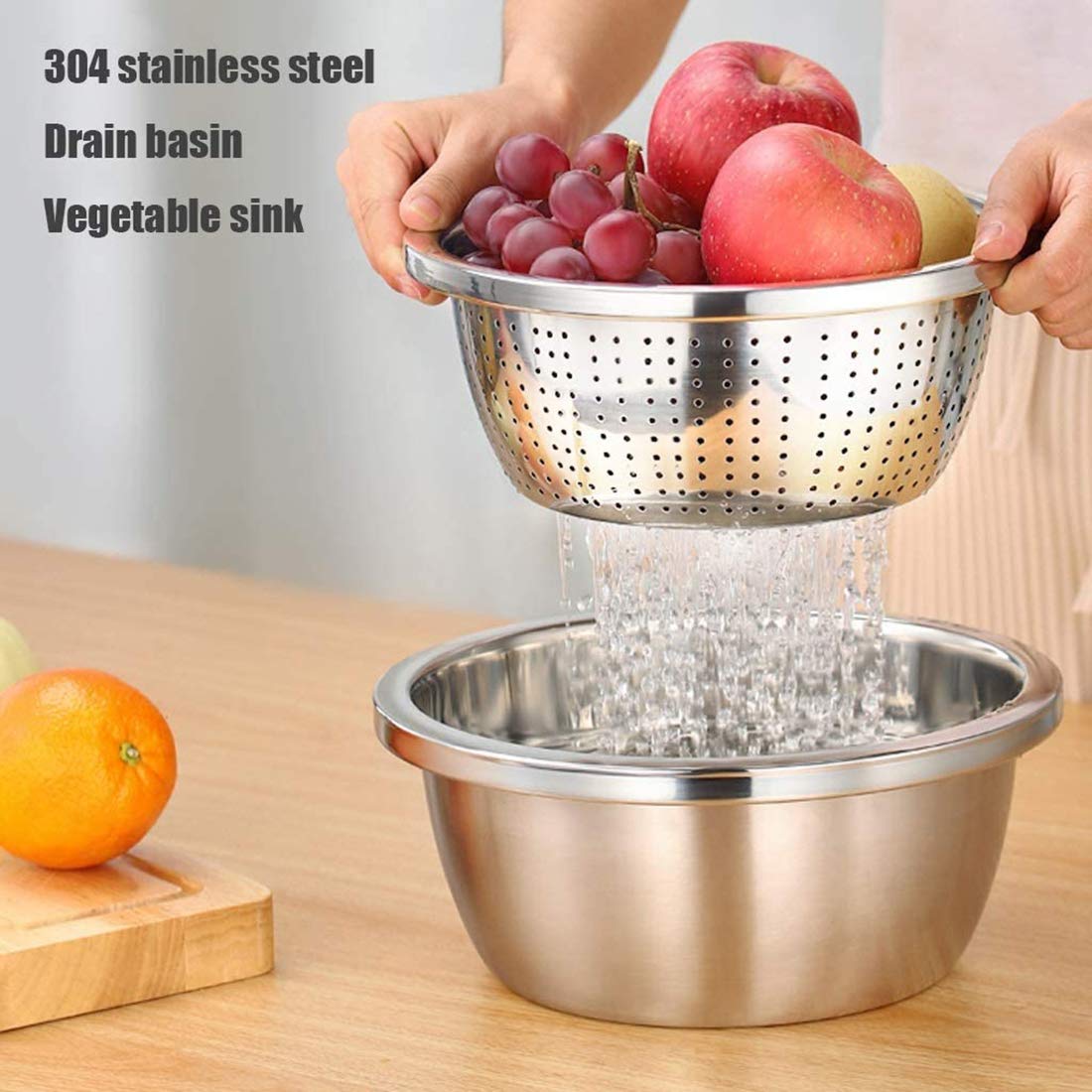 Linkidea 11" 304 Stainless Steel Colander with Bowl Set of 2, Kitchen Strainer, Washer, Drainer Basket with Basin for Vegetable, Fruits, Pasta, Salad Mixing, Food Prep, Dishwasher Safe