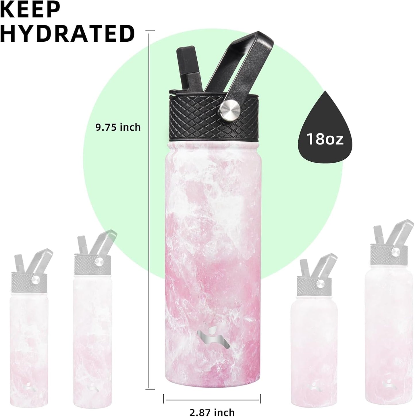 Skiennix 18 oz Insulated Stainless Steel Water Bottle - Marble Blossom | 3 Lids Included