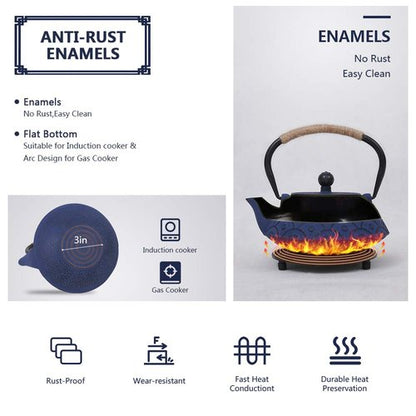 COOGOU Japanese Style Cast Iron Teapot Set with 4 Tea Cups Iron Tea Kettle with Infuser Hemp Rope Trivet Asian Gift for Adults Parents (Fish Scale Pattern, Blue,Anti Rust)