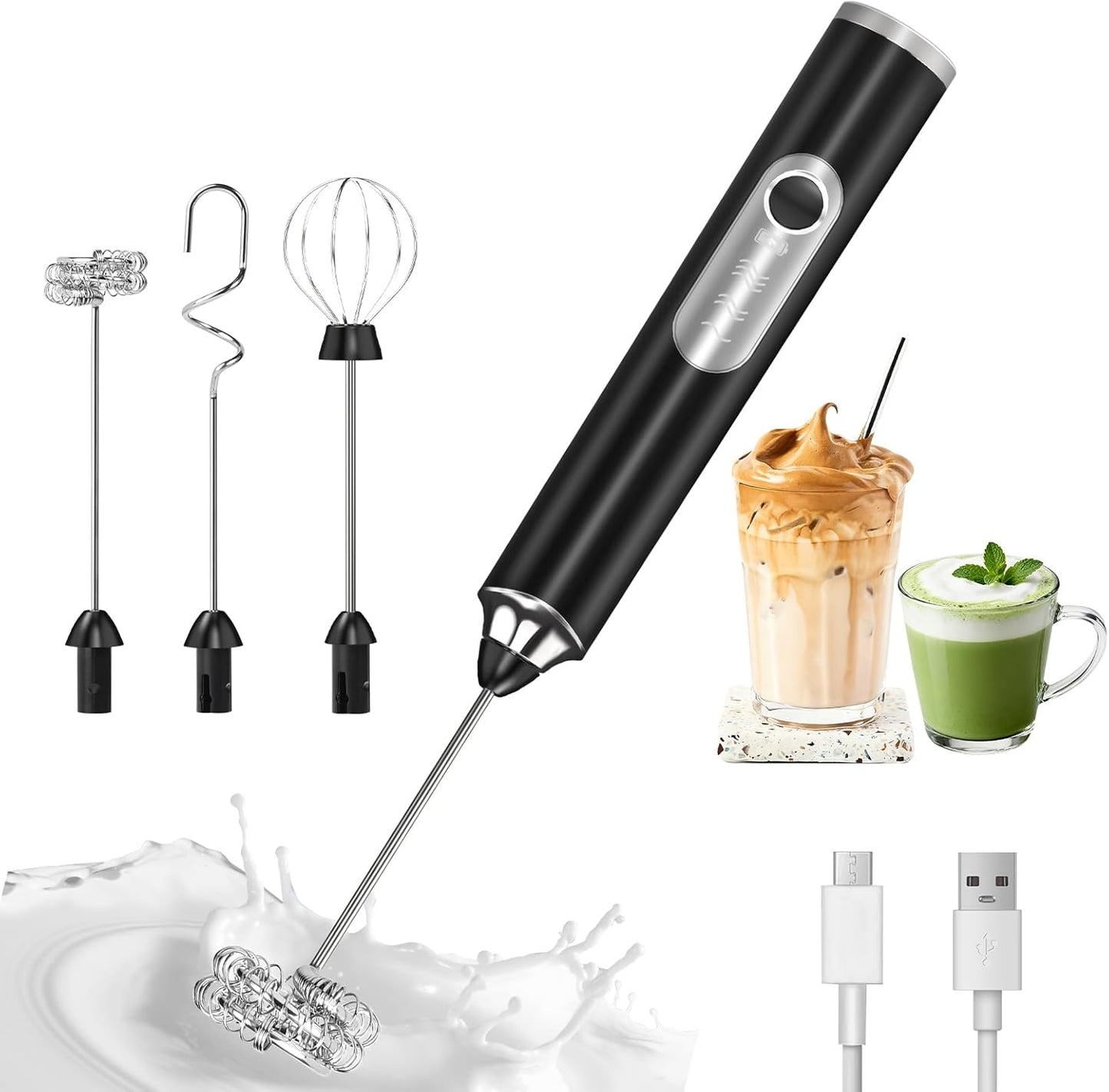 Skiennix Handheld Milk Frother - 3-Speed Rechargeable Wand with 3 Detachable Whisks | Perfect for Coffee, Latte, Cappuccino, Matcha & More (Black)