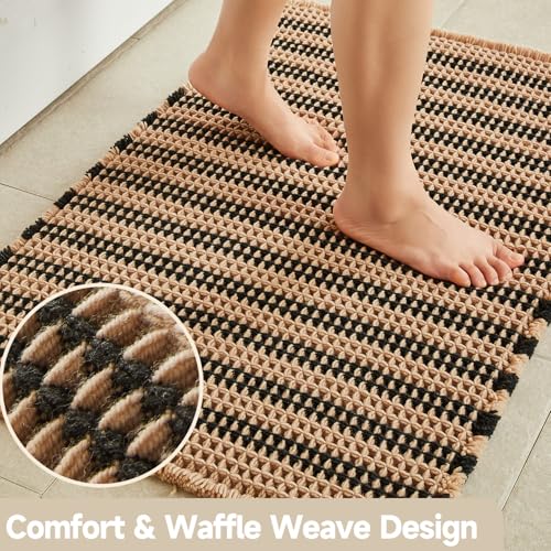 TYUU Waffle Bath Mat, Boho Bathroom Rugs Non Slip Washable Super Absorbent Quick Dry Bath Mat Farmhouse Bathroom Decor, 24"x16" Khaki and White
