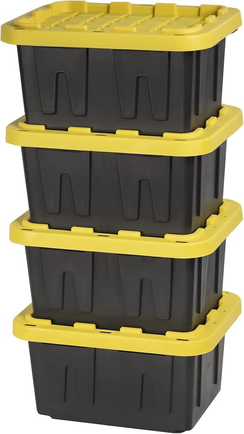 Heavy Duty Storage Bins by BLACK & YELLOW - 5-Gallon Stackable Plastic Bins with Lids | Weather-Resistant, 4-Pack