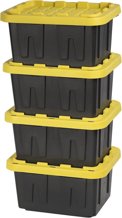 Heavy Duty Storage Bins by BLACK & YELLOW - 5-Gallon Stackable Plastic Bins with Lids | Weather-Resistant, 4-Pack
