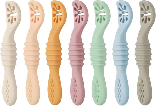 PandaEar Baby Spoons - 7 Pack Soft Silicone Self-Feeding Utensils for Toddlers | BPA-Free & Easy-Grip