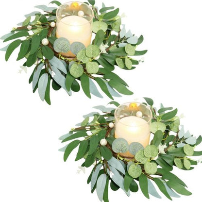 Greenery Candle Rings by [Brand Name] - 4-Inch Artificial Eucalyptus Wreaths with Pearl Berries | Boho Decor for Weddings & Home