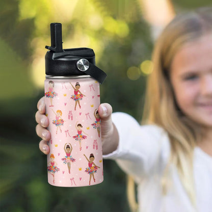 Skiennix Kids Water Bottle - 12oz Insulated Stainless Steel Tumbler with Straw | Ballet Design for School