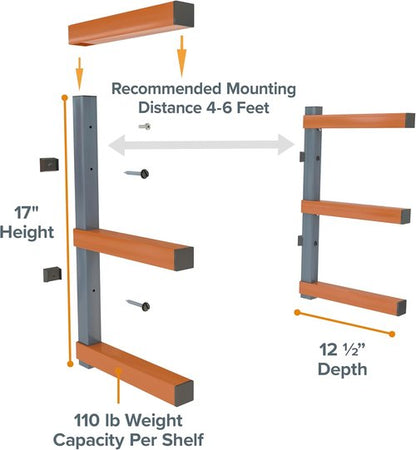 BORA 3-Level Wood Storage Rack - Heavy-Duty Wall-Mounted Shelf for Garage | 300 lb Capacity, Orange/Black