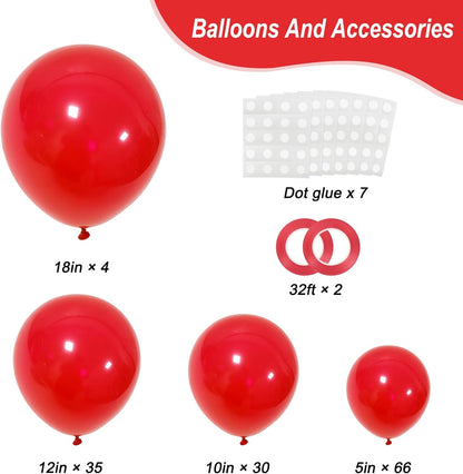 RUBFAC Red Balloons - 135pcs in Various Sizes (5-18 Inch) for Birthday & Wedding Decorations