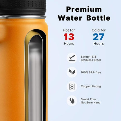Koodee Water Bottle - 16 oz Stainless Steel Double Wall Insulated Flask | Mango Yellow Sports Bottle