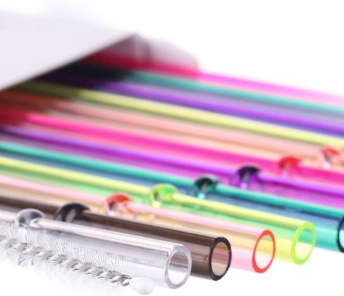Dakoufish 13" Long Reusable Plastic Drinking Straws - Set of 12 for Mason Jars & Tumblers, 7 Colors with Cleaning Brush