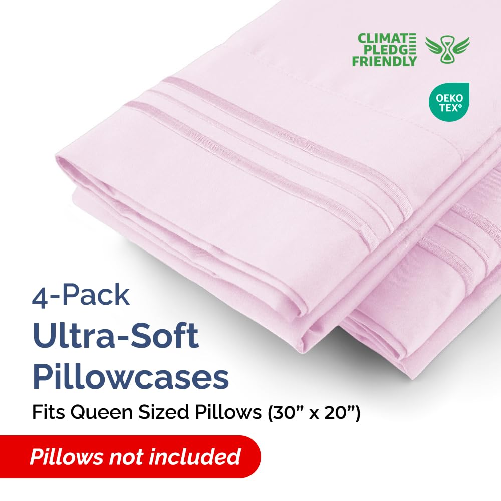 Queen Pillow Cases Set of 4 - Ultra Soft Hotel Quality Pillowcase Covers - Comfy, Cozy & Wrinkle Free - Shrink, Stain & Fade Resistant - Machine Washable Pillow Protectors - 4 Piece Set - Light Pink