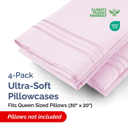 Queen Pillow Cases Set of 4 - Ultra Soft Hotel Quality Pillowcase Covers - Comfy, Cozy & Wrinkle Free - Shrink, Stain & Fade Resistant - Machine Washable Pillow Protectors - 4 Piece Set - Light Pink