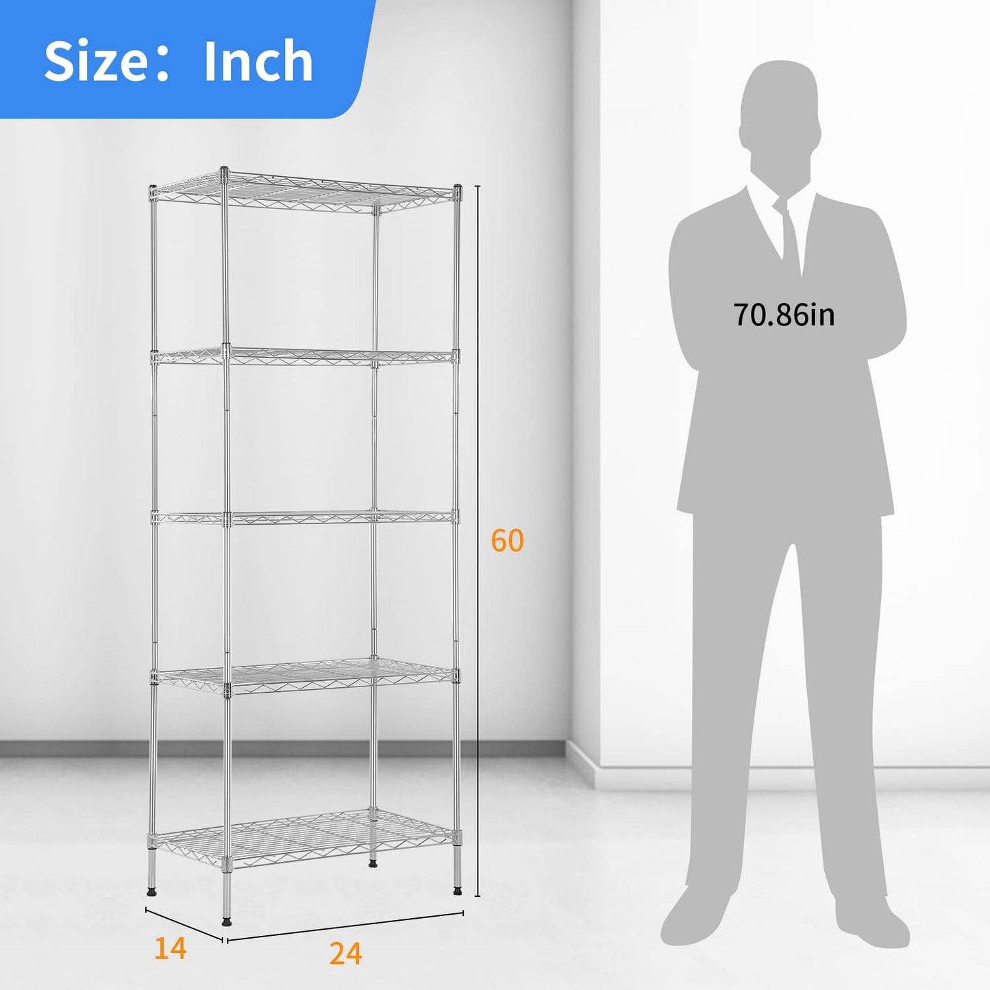 BestOffice 5-Tier Wire Storage Shelves - Heavy-Duty Metal | 14x24x60 Chrome | No-Tool Assembly, Holds Up to 750 lbs | Perfect for Home & Garage