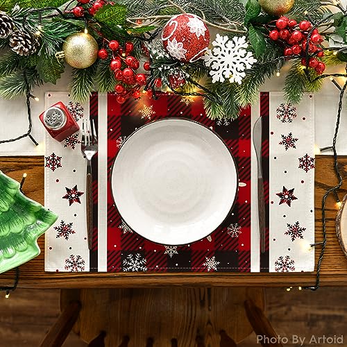 Buffalo Plaid Snowflake Christmas Placemats Set of 4 - 12x18 Inch Red Rectangular Holiday Table Decor